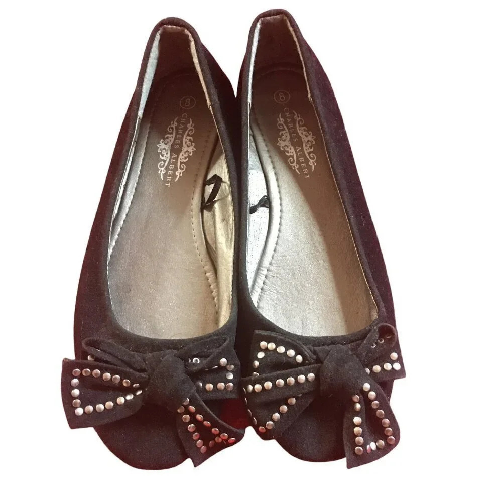 Charles Albert Flats, Size 8, Black Faux Suede, Studded Bows, Like New‎